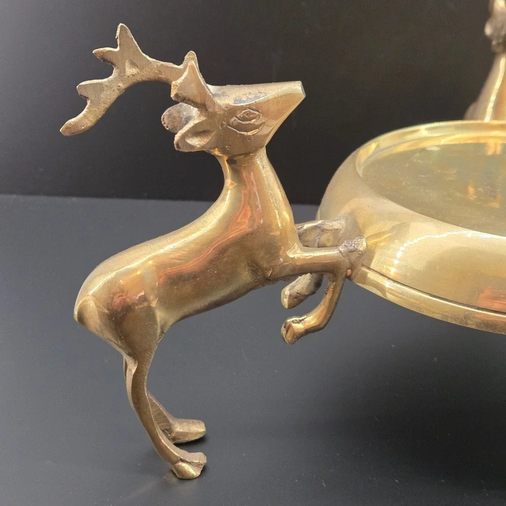 India Exotics Inc Vintage Solid Brass Reindeer Centerpiece Bowl Candle Holder‎